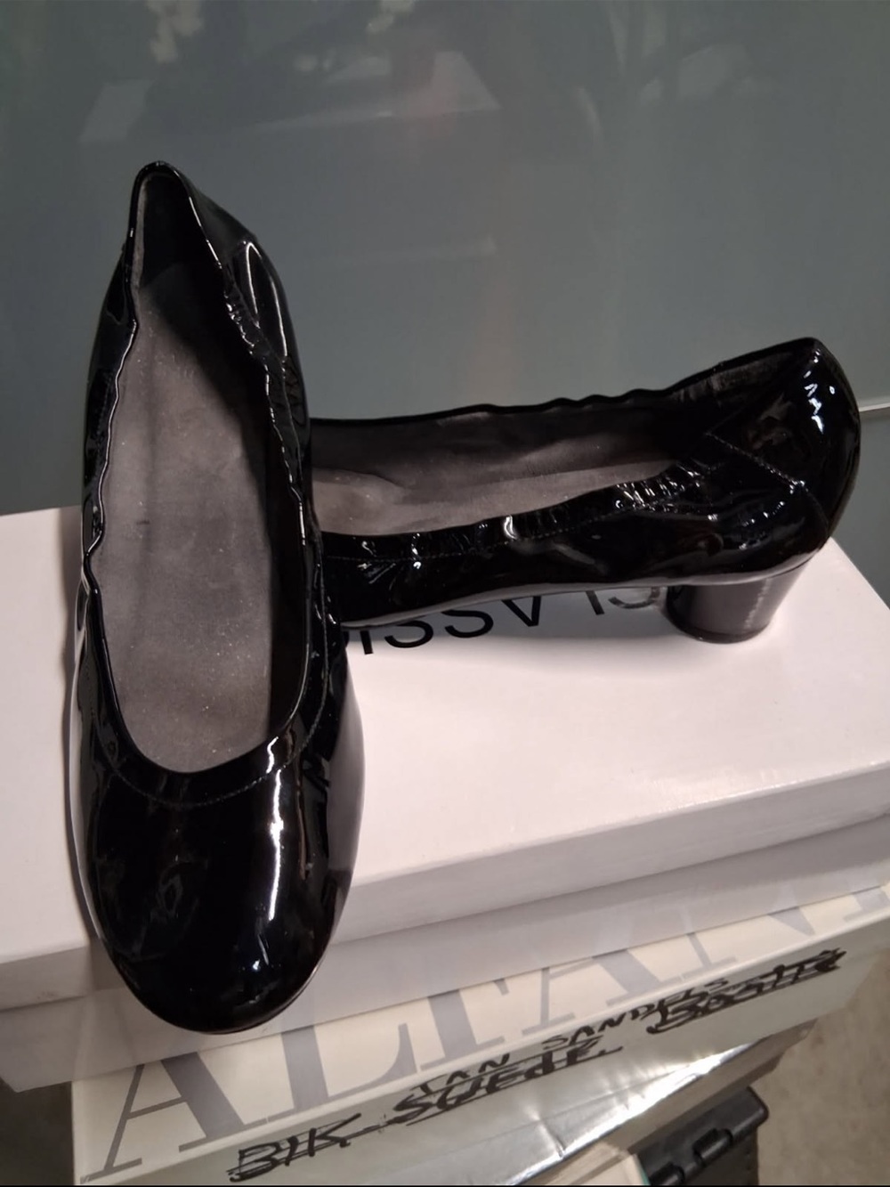 Stuart Weitzman Black Patent Low Block Heel Ballet Pumps